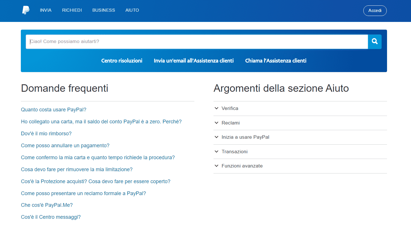 Pagina aiuto ufficiale paypal